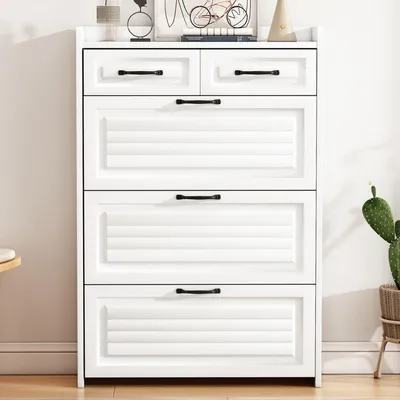 Produktbild von Schuhschrank, bestehend aus drei großen Klappen und zwei Schubladen, Holzschuhschrank, Schuhregal, Geeignet für Eingangsbereiche-B80/T23.5/H131 cm