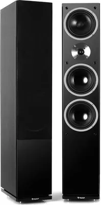 Two black floorstanding speakers are shown side-by-side against a white background.