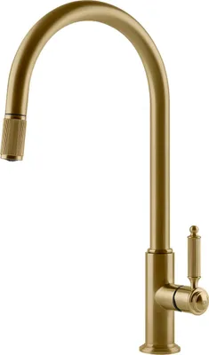A close-up studio shot of a gold kitchen faucet against a white background.