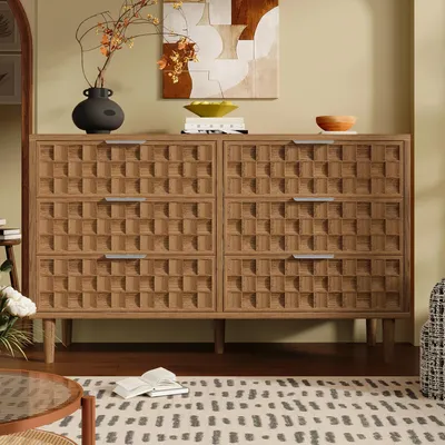Produktbild von STILVORA Sideboard 120x37x77cm im Schokoladenwaffel-Design, Kommode mit 6 Schubladen und Metallgriffen, Anrichte in Eiche-Optik für Wohnzimmer