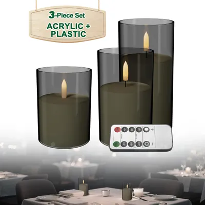 Produktbild von LZQ LED Kerzen 6er Set Mattgrau, Flammenlose Säulenkerzen Ø7,5 x 10/12,5/15 cm, Fernbedienung, Timer, Batteriebetrieben, Flackernd, Indoor&Outdoor