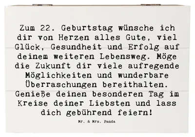 Produktbild von Mr. & Mrs. Panda Holzbox Spruch 22. Geburtstag 22 x 15 cm - Weiß - Geschenk, unvergesslich, Geschenkbox, Box, Holztruhe, Lebensweg, schatztruhe, fotobox, Erinnerungsbox