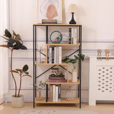 Produktbild von Holz‑Bücherregal mit Stahlgestell, offenes Ausstellungsregal für Flur, Wohnzimmer & Büro, 75 x 35 x 133 cm, Holz‑Optik & Schwarz