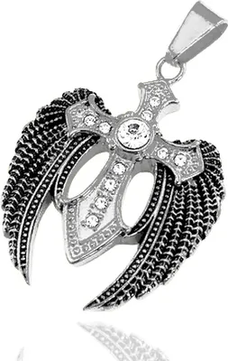 Produktbild von Anhänger Kreuz Flügel Engel Edelstahl Halskette Lederkette Zirkonia Kristalle Damen Herren silber-nur-anhänger