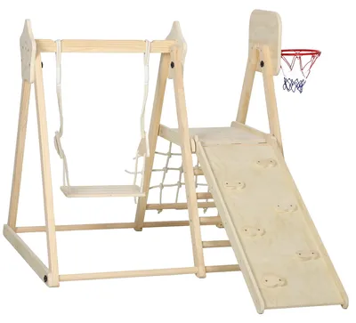Produktbild von Schaukel Rutsche Basketballkorb Kletternetz, Klettergerüst 5-in-1 Indoor klappbar, Holz Naturholz | 3–6 Jahre | bis 50 kg | 140 x 133 cm