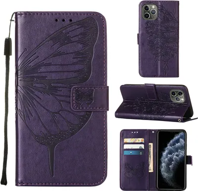 Produktbild von iPhone 11 Pro Hülle, Schmetterling Prägung Flip Leder Kartenfächer Schutzhülle Ledertasche mit Ständer für iPhone 11 Pro Lila