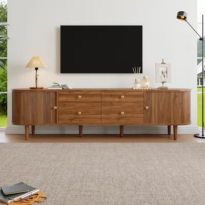 Produktbild von Merax TV-Lowboard mit Schiebetüren und 4 Schubladen, TV-Schrank mit Wellenstruktur, Fernsehtisch abgerundete Enden, Stauraum Möbel Wohnzimmer, Walnuss