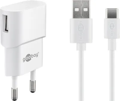 A white Goobay USB charger and USB-C cable are displayed against a white background.