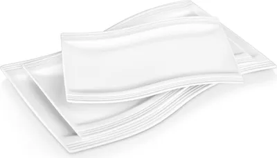 Three white rectangular plates with wavy edges are stacked on a white background.