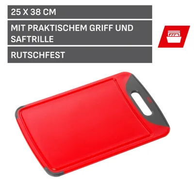 Produktbild von Silit Schneidebrett, 38x25 cm, Kunststoff, Tranchierbrett mit Saftrillen, rot, spülmaschinengeeignet