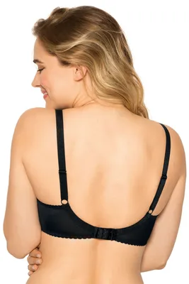 Rear view of a woman wearing a black bra.