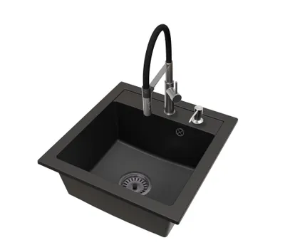Produktbild von Granitspüle Schwarz mit VENTO NEW Armatur, schwarzem Siphon und Seifenspender