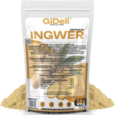 Immagine prodotto di Polvere di zenzero, 5 kg. Zenzero macinato, prodotto naturale, ideale per tè, frullati e bevande vegane. Marca: GiDeli