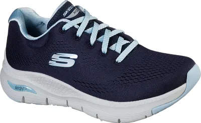 A single navy blue Skechers Arch Fit shoe with light blue accents and laces, shown from a side-angle on a white background.