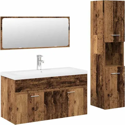 Productafbeelding van 4-delige Badkamermeubelset bewerkt hout oud houtkleurig