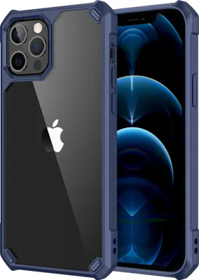 A blue and transparent phone case is shown with an iPhone 12 Mini inside.