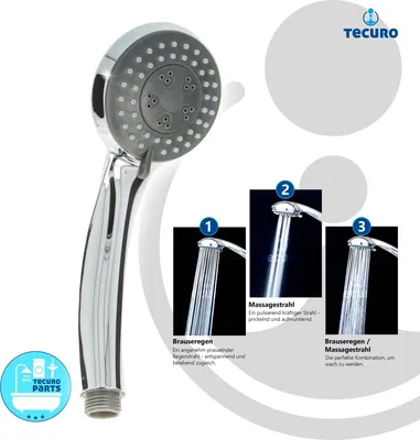 Produktbild von tecuro Komfort-Handbrause Ø 70 mm, mit 3-Funktionen und Antikalknoppen, verchromt