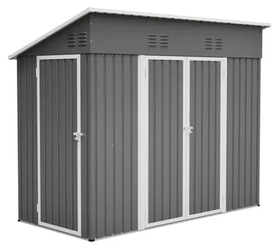 Imagen del producto de Almacén exterior, acceso mediante puertas dobles, estructura metálica duradera, dimensiones 4x8 pies (aproximadamente 1.22 x 2.44 metros), color gris, con base de cimentación