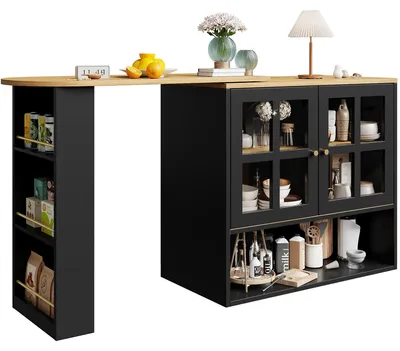 Immagine prodotto di Mobiletto bar a rotella - Credenza 138–204×39×102,5 cm - Rotazione a 360° - 5 ripiani in vetro - MDF - Capacità di carico: 60 kg