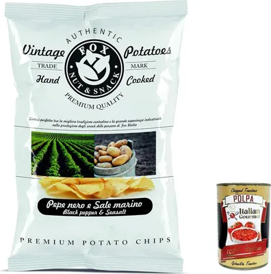 Produktbild von 10x FOX Natural Quality Vintage Potatoes schwarzer Pfeffer und Meersalz, Premium italienische handgefertigte Kartoffel crisps chips 120g + Italian Gourmet polpa 400g