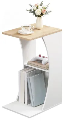 C-förmiger Beistelltisch, 3 Ablagen, 40 x 30 x 65 cm, weiß-natur