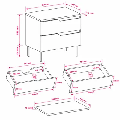 Produktbild von Badezimmerschrank stehend 80, gerillte Front 16 mm, Nussbaum-Eiche + Platte Nussbaum-Eiche, gefräste Griffe, quadratische Füße 15 cm, KI-generiertes Bild