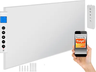 A white infrared heater with a digital display and control panel on the left, a remote control, and a smartphone displaying the Tuya app.