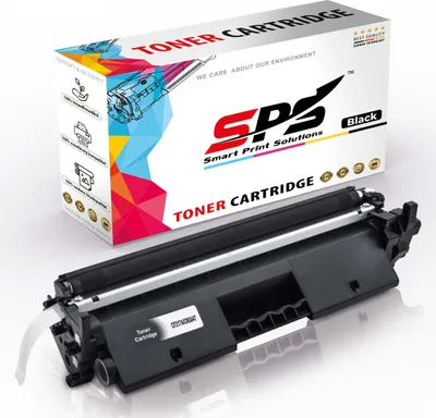 A black toner cartridge is shown in front of its packaging box, which features colorful geometric designs and product information.