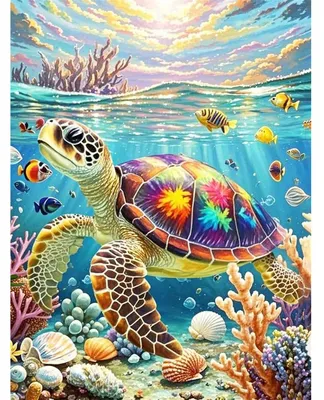 Image de Kit de peinture par numéros représentant une tortue marine, idéal pour adultes, kit de loisirs créatifs, décoration intérieure