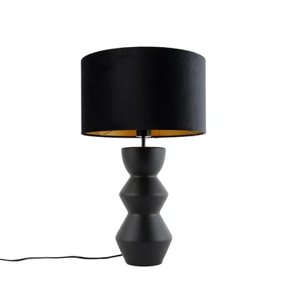 Produktbild von QAZQA - Design Tischleuchte I Tischlampe I Lampe I Leuchte Schwarz Samt-Schirm Schwarz mit Gold I Messing 35 cm - Alisia I Wohnzimmer I Schlafzimmer - Keramik Rund - LED geeignet E27