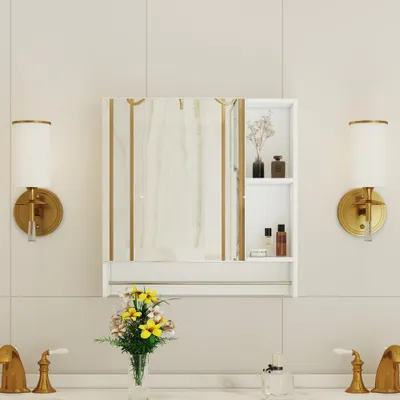 Produktbild von Badezimmerspiegelschrank Weiß MDF Wandmontage mit Spiegel Ablage Badschrank Modern