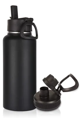 Productafbeelding van 1 Liter Geïsoleerde Waterfles Met Rietdeksel en Tuitdeksel, Roestvrij Staal Sportfles