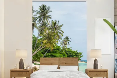 Produktbild von MuchoWow® Fototapete für Wohnzimmer oder Schlafzimmer Wandtapete Vinyl Motivtapete Palmen - Strand - Sommer - Tropisch - 145x220 cm - Wanddekoration