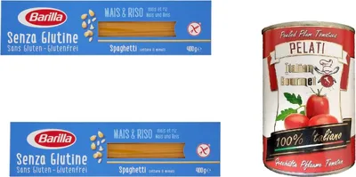 Produktbild von Barilla - Spaghetti n.5 Glutenfrei - 400g + Italian Gourmet 100% italienische geschälte Tomaten dosen 400g