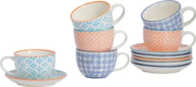 Produktbild von Nicola Spring 12-teiliges handbedrucktes Cappuccinotassen- und Untertassen-Set – 250 ml – 3 Farben
