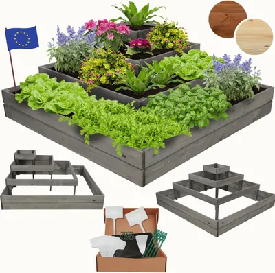 Produktbild von MODO24 Hochbeet Holz, Pflanzkasten, Massivholz, Kiefer, Kräuterbeet, Blumenkasten, Garten, Terrasse, 45x119x119 cm, Grau, ZP08