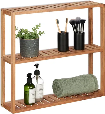 Produktbild von Wandregal aus Holz – 3 Etagen – 54 x 60 x 15 cm – Schmaler Badezimmerregal – Küchenregal – Stehend und hängend – Wandregal – Natürliches Design