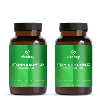 Produktbild von Vitabay Vitamin B Komplex hochdosiert - 360 Tabletten - 2er-Pack - enthält alle 8 B-Vitamine (B1, B2, B3, B5, B6, B7, B9, B12)