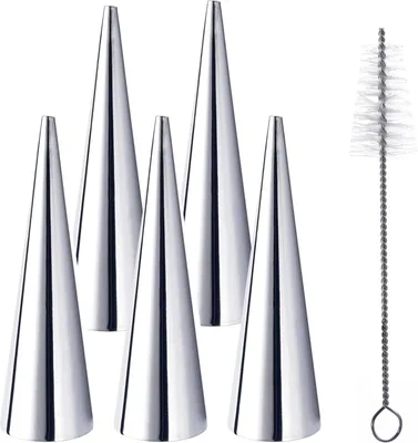 Produktbild von Cannoli Backform - 5 Stück, Edelstahl, Cannoli-Form, Röhren, Sahne, Rollform, Schraubform, Croissant-Form, kegelförmige Form für Cannoli-Röhren, Croissant, Backformen, Form mit Reinigungsbürste