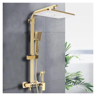 Produktbild von Duscharmatur-Set mit Stab-Duschkopf und Kopfbrause in gebürstetem Gold, Wandmontage, 2 Funktionen, Grobventil und Duschverkleidung mit Handbrause, 31,5x22cm verstellbar