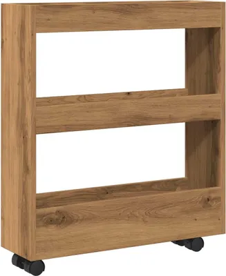 A narrow, three-tier storage cart with wheels, made of wood-look material.