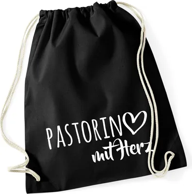 Produktbild von Huuraa Turnbeutel Pastorin mit Herz 12 Liter Black Baumwolle Rucksack Geschenkidee