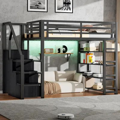 Produktbild von okwish Hochbett Funktionsbett 140x200 mit LED-Beleuchtung,Jugendbett mit Schränken und Kleiderschrank,Metallbett mit Ablagefächern, Schwarz (ohne Matratze)