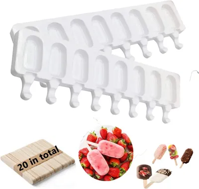 Imagen del producto de Moldes de silicona, 2 unidades, con 8 cavidades cada uno, incluyen 20 palitos de madera, aptos para congelador y horno