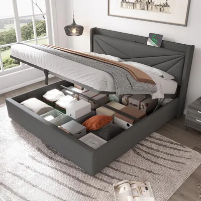 Produktbild von Polsterbett 140x200cm mit Stauraum, USB und Typ-C Ladefunktion, Bettgestell aus Leinenmaterial mit Lattenrost und gepolstertem Kopfteil