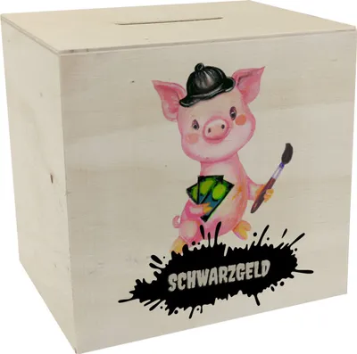 Produktbild von Schwarzgeld Spardose aus Holz mit Schweinchen Motiv