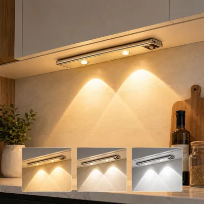 Immagine prodotto di Lampada a LED da incasso da 30 cm con sensore di movimento, ricaricabile, dimmerabile, con 3 tonalità di luce, ideale per cucine, armadi e mobili, colore argento
