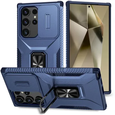 Produktbild von Handyhülle für Samsung Galaxy S25 Ultra Dual Layer Hülle mit Schiebe Kamera Schutz und Ringhalter Ständer Blau