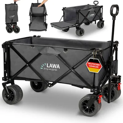 Produktbild von Lawa Bollerwagen faltbar, 100kg Tragkraft, mit Bremse, breite Räder, für Hunde & Strand, ohne Dach, Grau, aus 600D Oxford Nylon & pulverbeschichtetem Stahlrahmen, mit Heckklappe (erweitert Ladefläche um 30% für Güter bis 2m), Maße: gefaltet 74x27x40cm; Innen 88x46x32cm; ausgeklappt 120x56x56cm; mit Heckklappe 120cm; Rad 16x10cm; vormontiert & schnell einsatzbereit