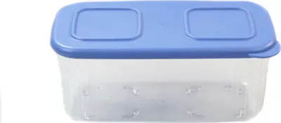 A clear plastic food storage container with a blue lid, shown against a white background.